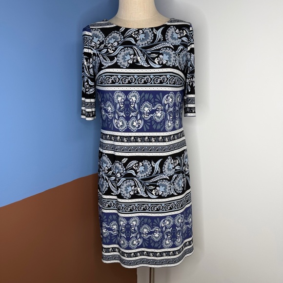 Eliza J Dresses & Skirts - Eliza J Blue Black Print 3/4 Sleeve Shift Dress Size 6